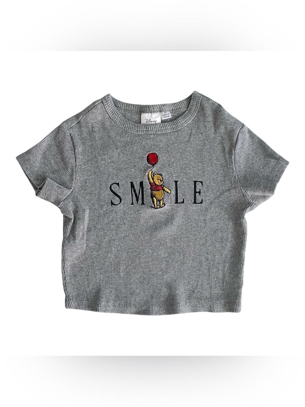 Disney Winnie the Pooh with Red Balloon Smile Gray Tee Crop Top Women's Size XS